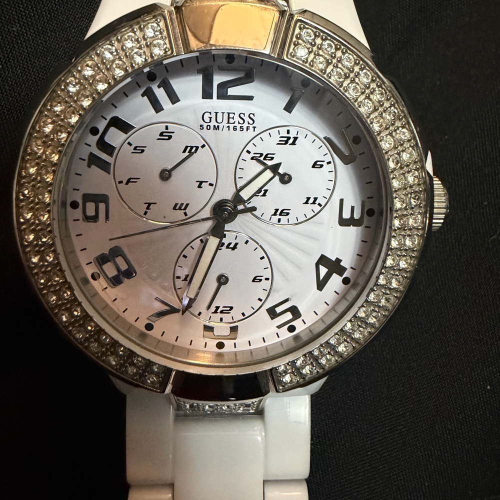 Guess White and Silver Crystal-Embellished Chronograph Watch